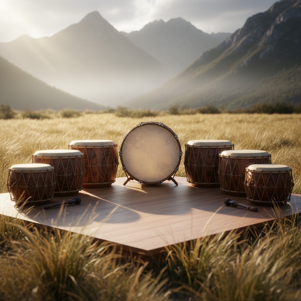 A set of seven large and small bongo-looking drums sit on a wooden platform in a sunlit grassy field.