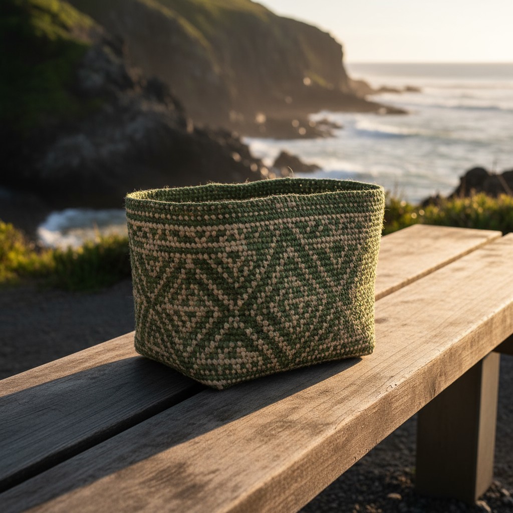 A green woven basket containing an indistinguishable item sits atop a wooden bench overlooking the scenic ocean. Behind th...