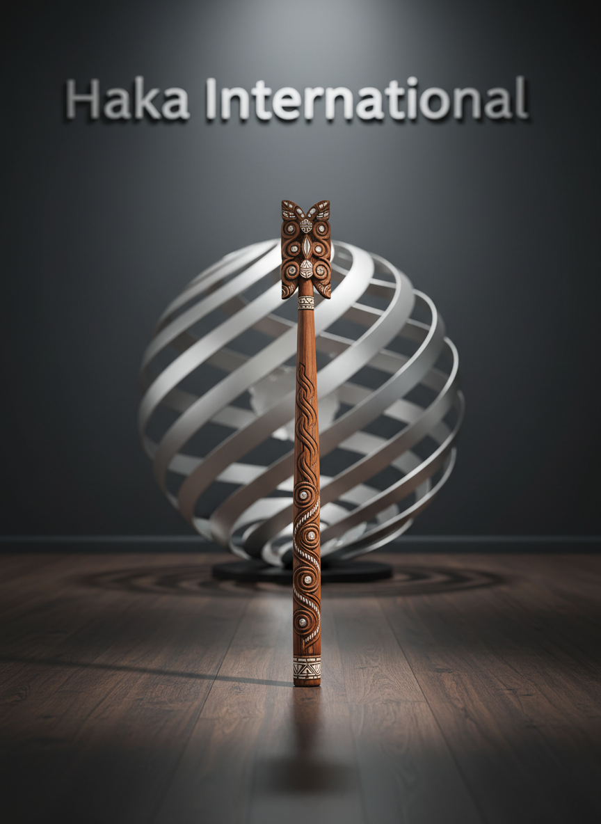 A richly carved traditional Māori wooden taiaha standing upright in the center of a polished dark wooden floor, its intricate patterns and inlays sharply defined. Behind it, a large, stylized silver globe sculpture subtly suggests international reach, set against a deep charcoal wall with the words “Haka International” embossed in a refined metallic typeface. Soft, diffused studio lighting from above and slightly behind creates a confident halo around the taiaha, casting crisp, elongated shadows. The mood is powerfully professional and dignified, emphasizing heritage and global presence. Captured at eye level with a shallow depth of field so the taiaha is in razor-sharp focus while the globe and typography blur gently, in clean photographic realism suited for a corporate homepage hero image.