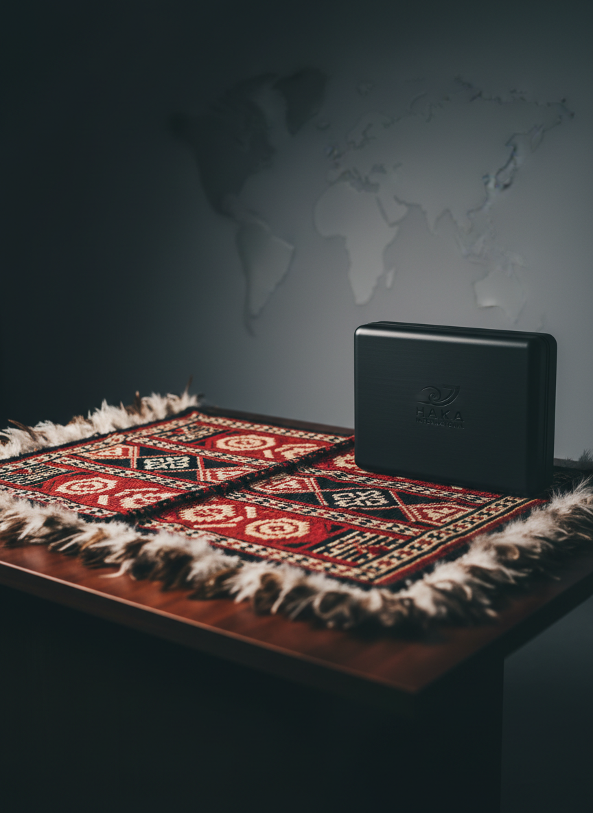 A detailed close-up of a traditional Māori patterned cloak laid flat on a low, dark wooden platform, its woven geometric designs and feathered edges rendered with exquisite photographic clarity. Beside it rests a modern, slim, matte-black travel case embossed subtly with the Haka International logo, implying global mobility. The background fades into a softly lit gradient wall in deep slate tones, with a faint world map outline barely visible. Gentle, side-on studio lighting skims across the fibers and feathers, revealing fine textures and dimensionality, while casting soft, professional shadows. Shot from a slightly elevated, three-quarter angle with a shallow depth of field, the mood is dignified, international, and aspirational, highlighting the careful transport and sharing of haka tradition with organizations around the world.