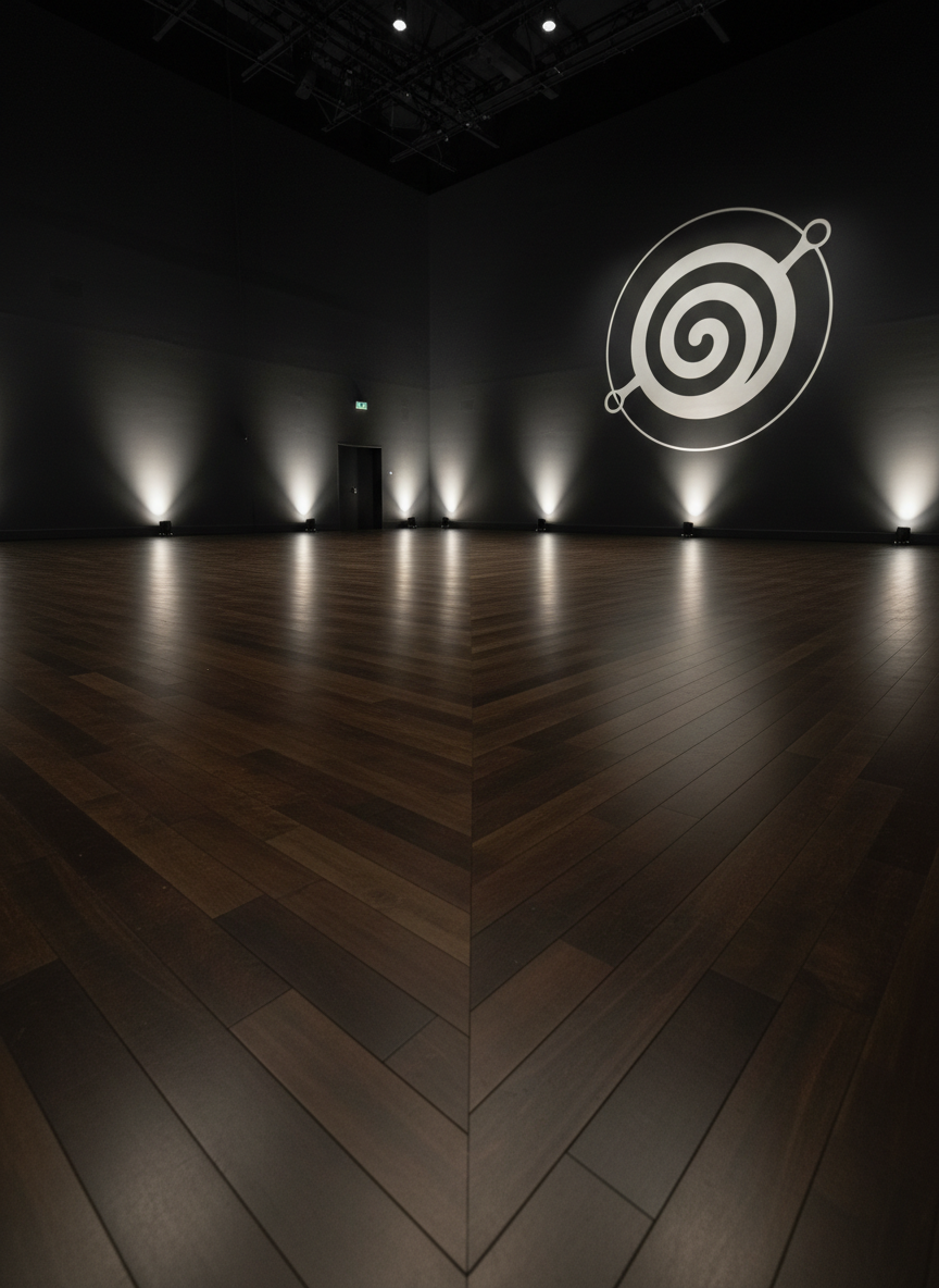 An expansive, empty performance space with a smooth, dark wooden floor arranged in clean geometric planks, subtly reflecting ambient light. On the far wall, a large, stylized white koru symbol is painted crisply on deep charcoal, encircled by a thin, elegant ring to hint at global connection. Discreet floor-mounted spotlights project gentle beams upward, washing the wall with soft gradients while leaving the center stage area slightly darker and more dramatic. The atmosphere is charged yet controlled, suggesting anticipation of a powerful haka performance. Photographic realism, captured from a wide-angle, low perspective at one corner of the room, creating strong leading lines in the floorboards that draw the eye toward the symbol. The overall mood is focused, disciplined, and professionally theatrical.