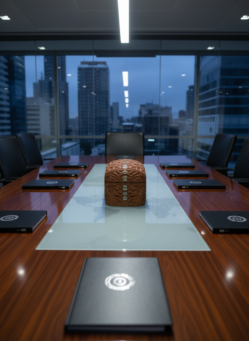 A meticulously arranged conference table made of smooth, dark-stained wood, its surface almost mirror-like, featuring a single central object: a finely crafted traditional Māori carved wooden box with intricate patterns and subtle inlays. Around it lie neatly stacked, minimalistic black folders embossed with a silver koru emblem, and a discrete world map etched into frosted glass forming the tabletop’s center panel. Cool, balanced overhead lighting creates sharp, clean reflections and controlled shadows, evoking precision and professionalism. The background is a sleek, glass-walled boardroom with a blurred skyline beyond, captured in photographic realism from a slightly elevated angle. The atmosphere conveys strategic leadership, cultural respect, and international reach, ideal for communicating premium haka consulting and corporate experiences.