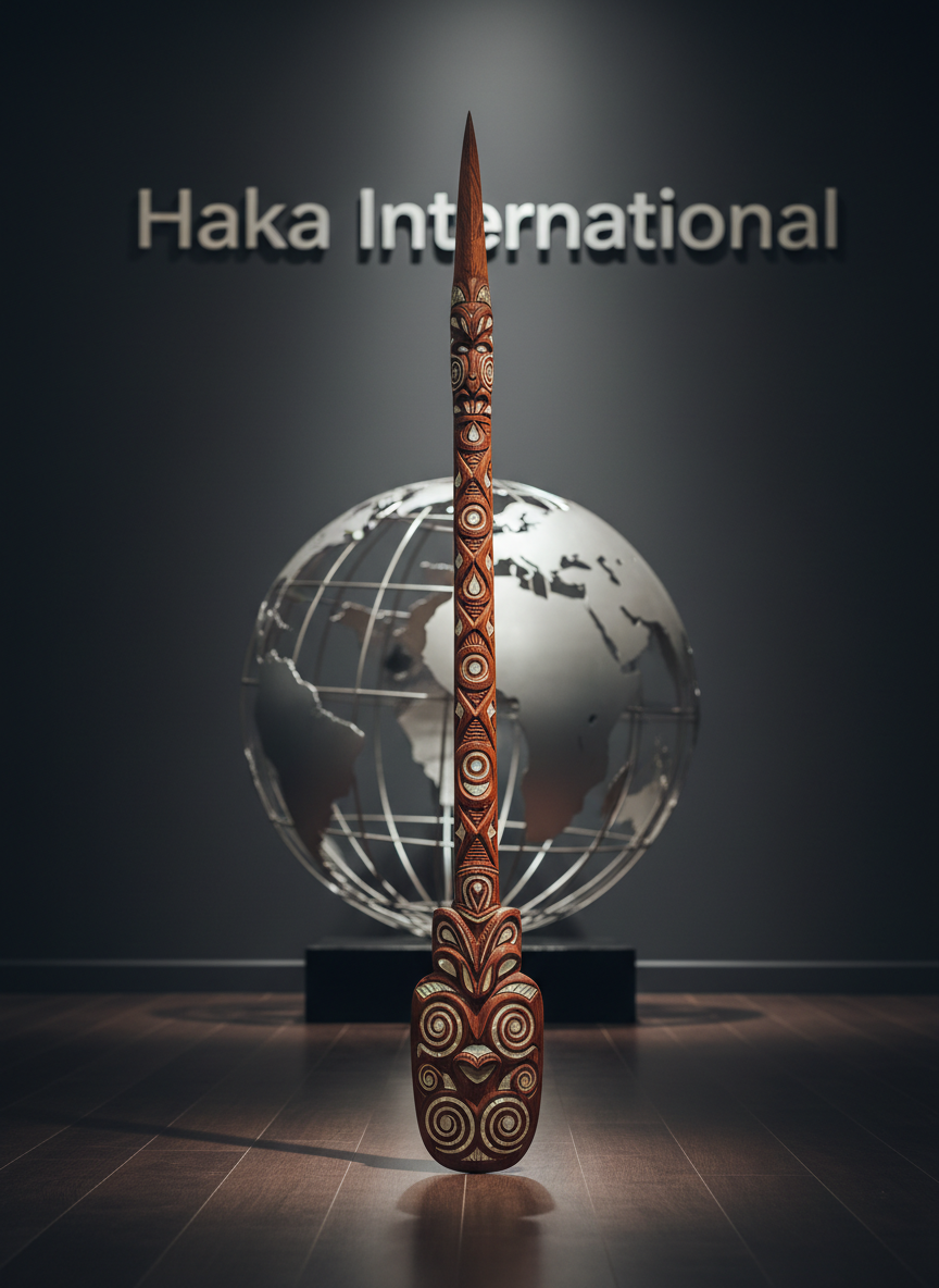 A richly carved traditional Māori wooden taiaha standing upright in the center of a polished dark wooden floor, its intricate patterns and inlays sharply defined. Behind it, a large, stylized silver globe sculpture subtly suggests international reach, set against a deep charcoal wall with the words “Haka International” embossed in a refined metallic typeface. Soft, diffused studio lighting from above and slightly behind creates a confident halo around the taiaha, casting crisp, elongated shadows. The mood is powerfully professional and dignified, emphasizing heritage and global presence. Captured at eye level with a shallow depth of field so the taiaha is in razor-sharp focus while the globe and typography blur gently, in clean photographic realism suited for a corporate homepage hero image.