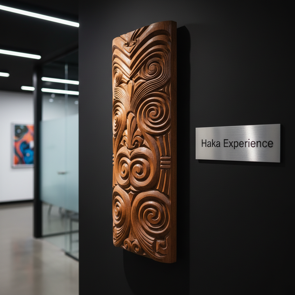 A close-up of a traditional Māori carved wooden panel mounted on a matte black wall, its swirling koru motifs and linear patterns meticulously detailed in warm, oiled timber tones. To the side, a sleek brushed-steel plaque with the words “Haka Experience” is embedded flush into the wall, reflecting subtle highlights. The environment suggests a modern corporate lobby with minimalistic architecture, blurred in the background. Cool, directional down-lighting accentuates the relief and texture of the carving, creating precise shadows within every groove. The mood is refined, professional, and respectfully powerful. Shot from a slightly angled perspective using photographic realism, the composition follows the rule of thirds, balancing traditional artistry with contemporary branding for an executive setting.